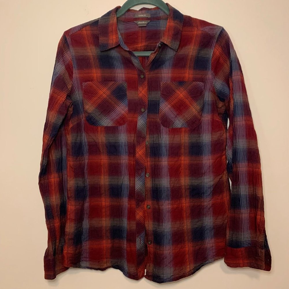 Eddie Bauer Women's Classic Fit Red Plaid Button down Shirt, size M